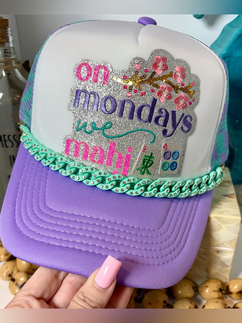 On Mondays We Mahi Embellished Trucker Hat - Purple & Mint